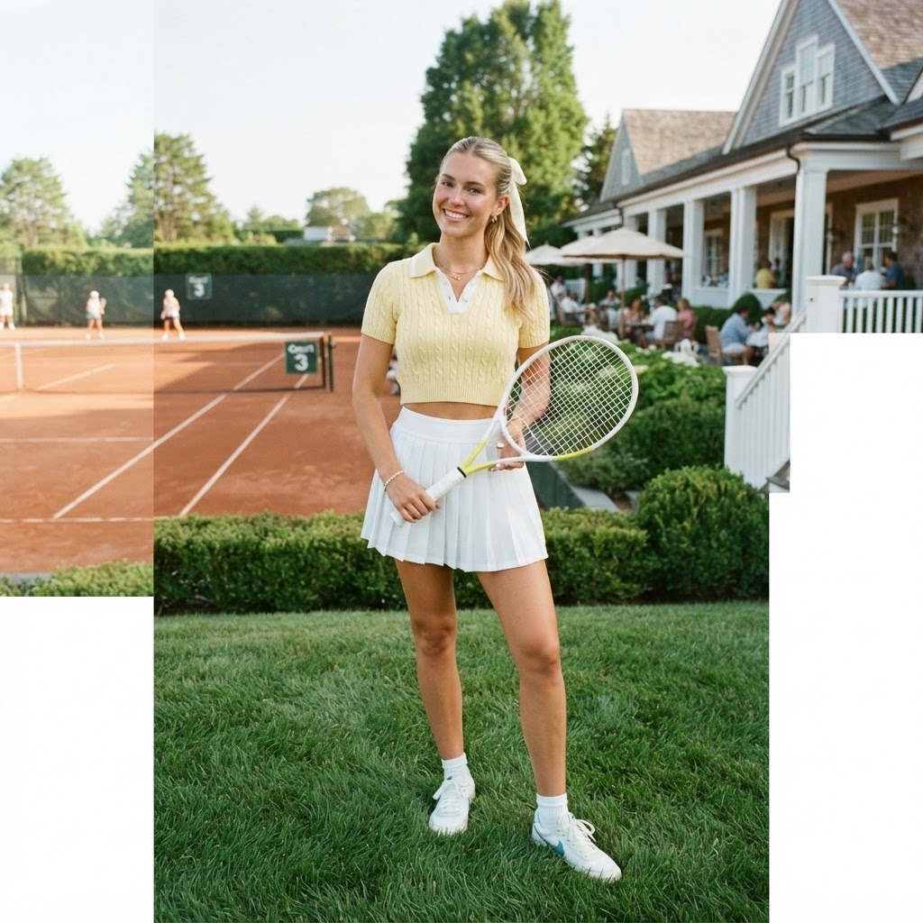 SKIPIKS AIファッション写真 — sporty, preppy — 밝고 화사한 연노랑 톱과 화이트 테니스 스커트가 경쾌한 스포츠 무드를 완성해요. 특히, 간결한 실루엣이 깔끔하면서도 활동적인 느낌을 줍니다. 여