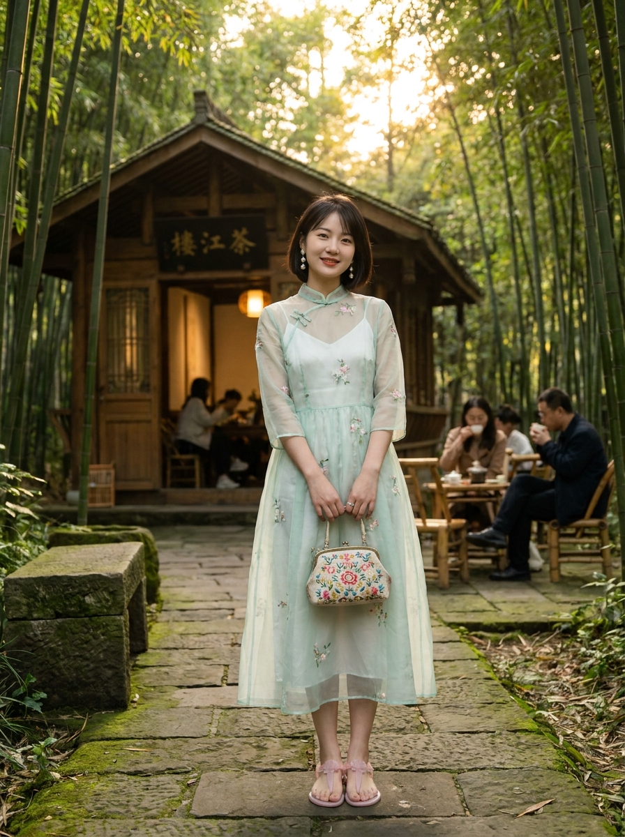 SKIPIKS AI fashion editorial — feminine, romantic — 싱그러운 민트 컬러에 플라워 자수가 돋보이는 드레스로 로맨틱한 무드가 완성됩니다. 드레스와 어울리는 핑크 리본 샌들로 여성스러운 분위기를 살려보