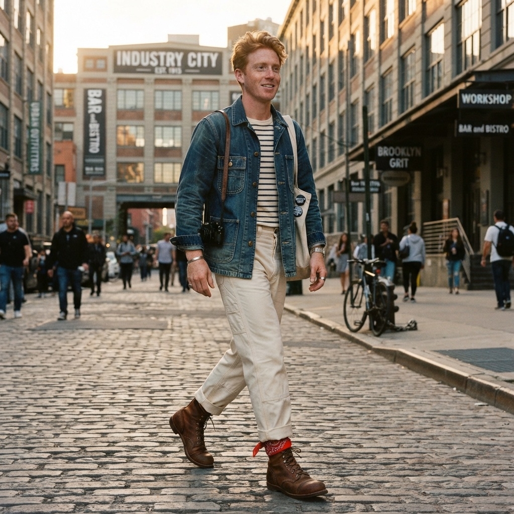 SKIPIKS AI时尚大片 — casual, vintage, urban — 청량한 청자켓과 스트라이프 티셔츠의 조합이 멋스러운 캐주얼 무드를 연출해보세요. 크림색 팬츠와 브라운 부츠로 빈티지한 매력을 더하고, 빨간색 밴