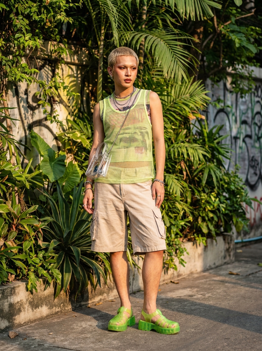 SKIPIKS AIファッション写真 — streetwear, casual — 네온그린과 베이지의 조화로 세련된 스트릿 무드를 연출해보세요. 메쉬 탱크탑과 카고 반바지를 활용한 시원한 여름 코디에 클리어 크로스백이 트렌디한