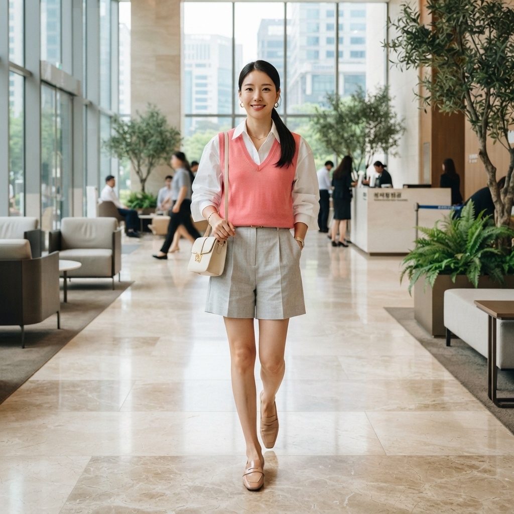 SKIPIKS AI 패션 화보 — preppy, feminine — 세련된 니트 조끼가 돋보이는 클래식한 오피스룩입니다. 실용적이면서도 스타일리시한 아이템인 반바지에 로퍼를 매치해 단정하면서도 편안함을 살려보세요