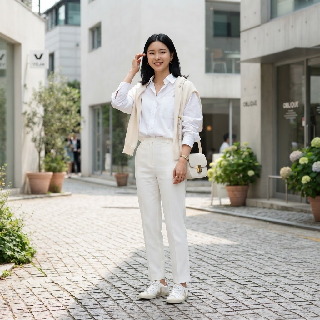 SKIPIKS AIファッション写真 — minimalist, elegant — 전체적으로 화이트와 베이지 컬러의 조화가 깔끔하고 세련된 느낌을 주는 룩입니다. 화이트 셔츠와 팬츠에 베이지 스웨터를 어깨에 걸쳐 스타일리시하게