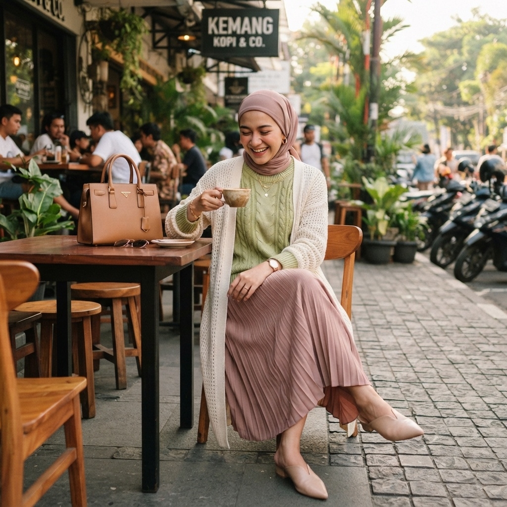 SKIPIKS AIファッション写真 — feminine, chic — 부드러운 연두색 니트와 플리츠 스커트의 조합이 여유롭고 편안한 느낌을 더해주는 룩입니다. 아이보리 컬러의 카디건과 베이지 톤의 헤드스카프가 우아