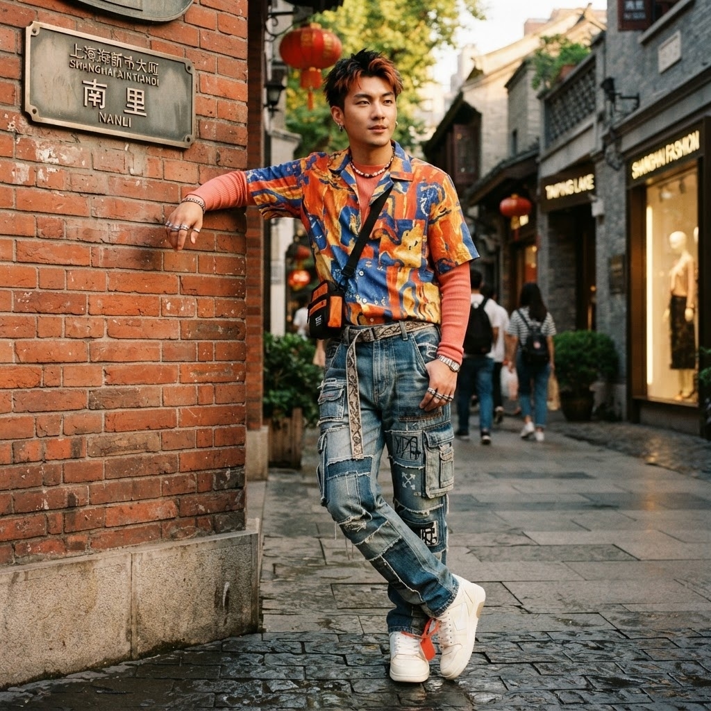 SKIPIKS AIファッション写真 — streetwear, casual — 대담한 프린트 셔츠와 주황색 이너의 조화가 돋보이는 룩이에요. 청바지와 스니커즈를 매치해 편안하면서도 개성 있는 스트리트 스타일을 추천해요. 일