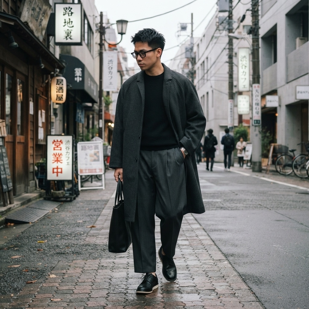 SKIPIKS AIファッション写真 — minimalist, urban, sophisticated — 모던하고 세련된 분위기의 그레이 톤 룩이에요. 고급스러운 코트와 깔끔한 더비 슈즈가 조화를 이루며 스타일리시하게 완성됩니다. 심플한 블랙 니트와