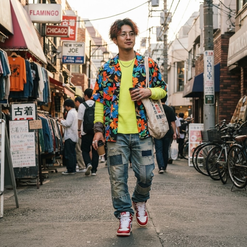 SKIPIKS AI 패션 화보 — streetwear, casual, colorful — 컬러풀한 하와이안 셔츠와 네온 티셔츠의 조화가 돋보이는 스타일입니다. 빈티지 청바지와 스니커즈로 스트리트 무드를 강화해보세요. 친구들과의 주말 