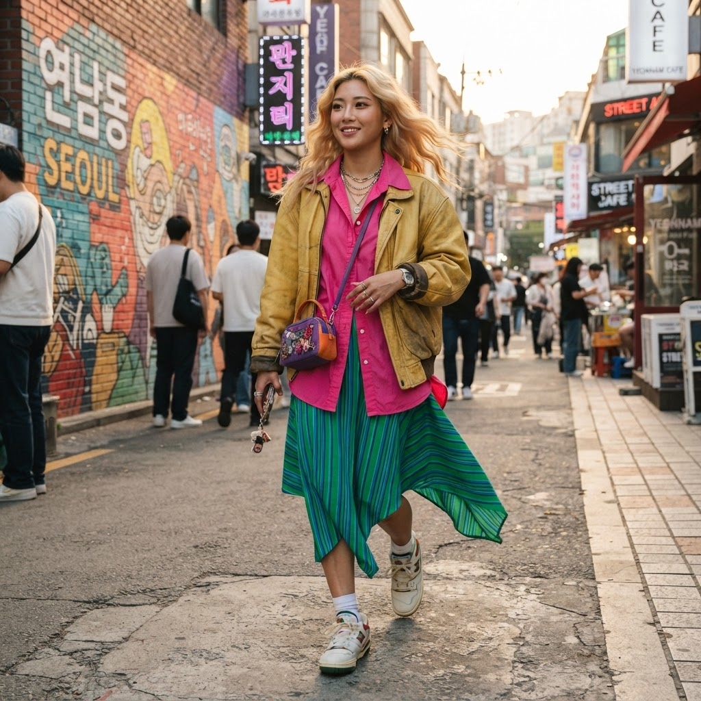 SKIPIKS AI时尚大片 — streetwear, colorful, vintage — 강렬한 색감의 재킷과 셔츠가 돋보이는 스트리트 패션 룩이에요. 다양한 컬러를 조화롭게 매치하여 개성을 극대화해보세요. 친구들과의 가벼운 모임이나