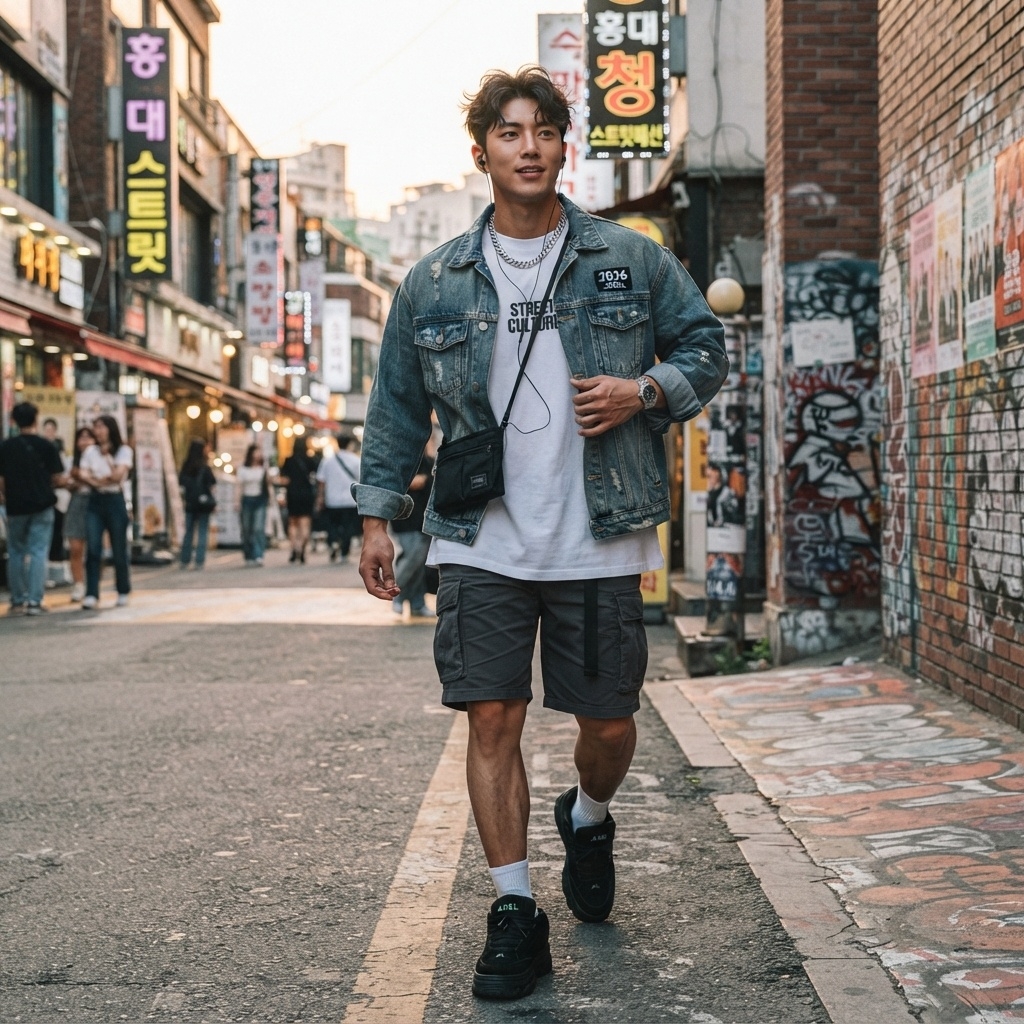 SKIPIKS AI 패션 화보 — streetwear, casual — 도시적 감성이 물씬 풍기는 캐주얼 스트리트 룩으로, 데님 재킷과 프린팅 티셔츠가 멋을 더해줍니다. 회색 카고 반바지를 매치해 편안하면서도 스타일