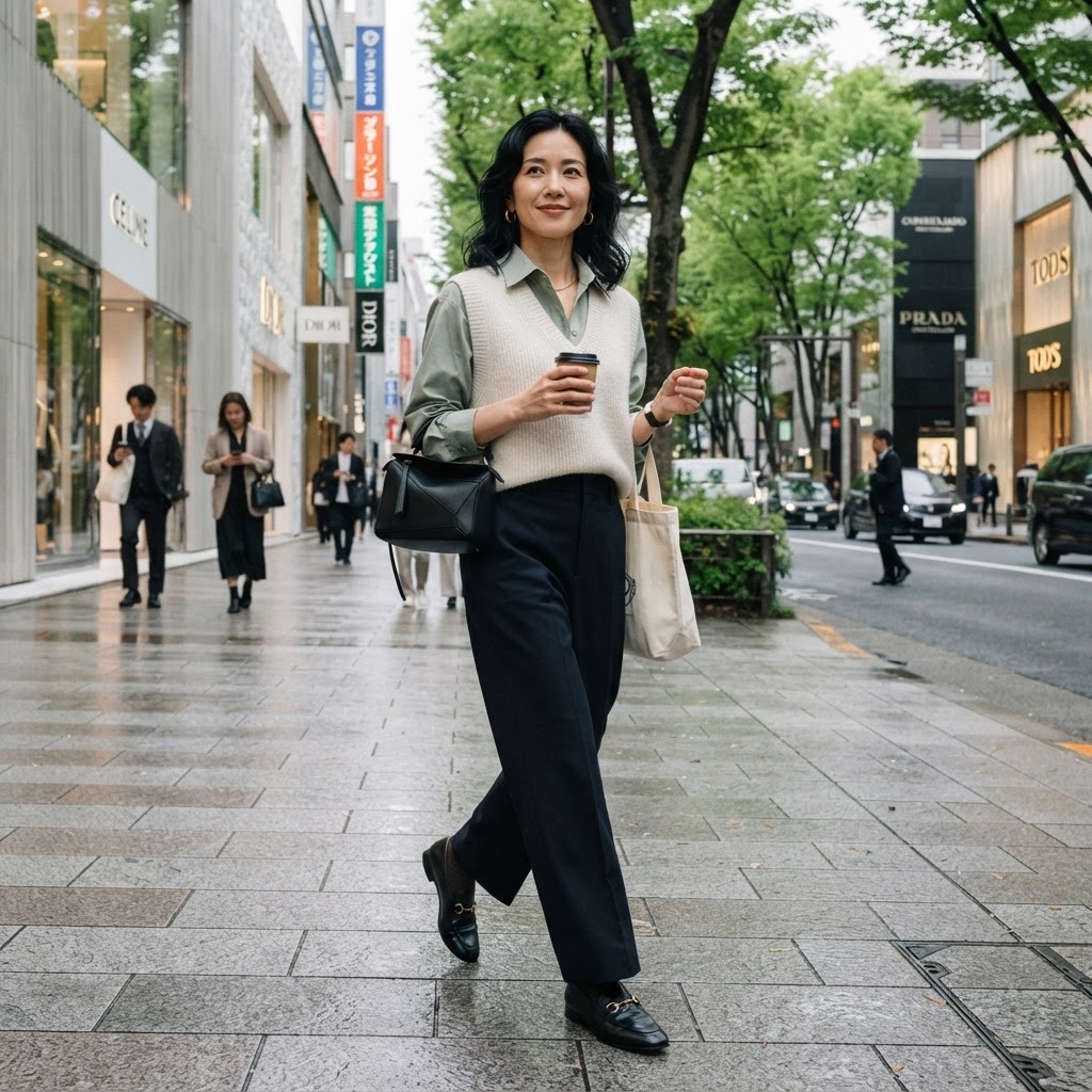 SKIPIKS AI时尚大片 — modern, chic, casual — 크림색 니트 베스트와 민트 셔츠의 조화가 눈길을 끄는 모던 룩입니다. 네이비 슬랙스와 블랙 로퍼로 깔끔한 실루엣을 완성해보세요. 데일리 출근 룩