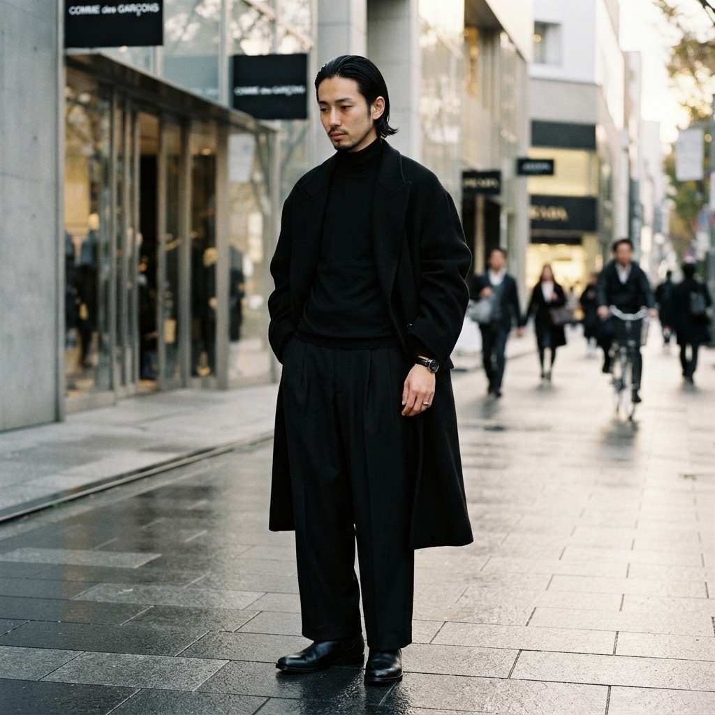 SKIPIKS AI fashion editorial — minimalist, chic — 블랙 컬러로 완성된 시크한 올블랙 코디가 도시적인 무드를 선사해보세요. 롱 코트와 터틀넥을 매치해보면 따뜻하면서도 스타일리시한 룩이 완성됩니다.