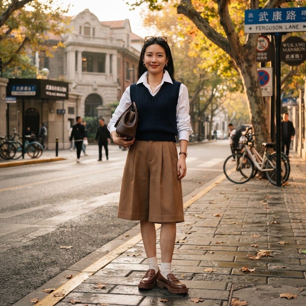 SKIPIKS AIファッション写真 — preppy, classic, feminine — 깔끔하고 세련된 프레피 룩으로, 네이비 니트 베스트와 화이트 셔츠가 조화를 이룹니다. 브라운 컬러의 치마와 로퍼가 클래식한 분위기를 더해주며, 