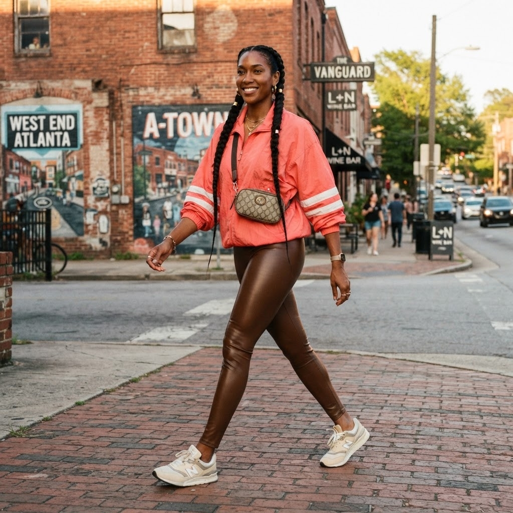 SKIPIKS AIファッション写真 — streetwear, athleisure — 코럴 컬러의 윈드브레이커와 다크 브라운 레깅스가 조화를 이루며 활기찬 도시 느낌을 연출해보세요. 가벼운 가방과 편안한 운동화를 매치해 활동성을 