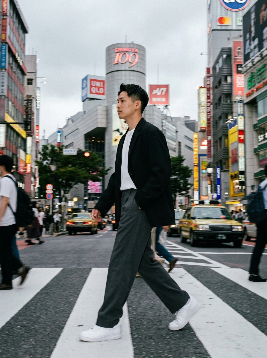 SKIPIKS AI fashion editorial — minimalist, urban — 심플하면서 세련된 블랙 앤 화이트 조합의 미니멀 룩이에요. 블랙 블레이저와 흰 티셔츠가 모던한 도시 감성을 자아냅니다. 와이드 핏의 회색 팬츠로