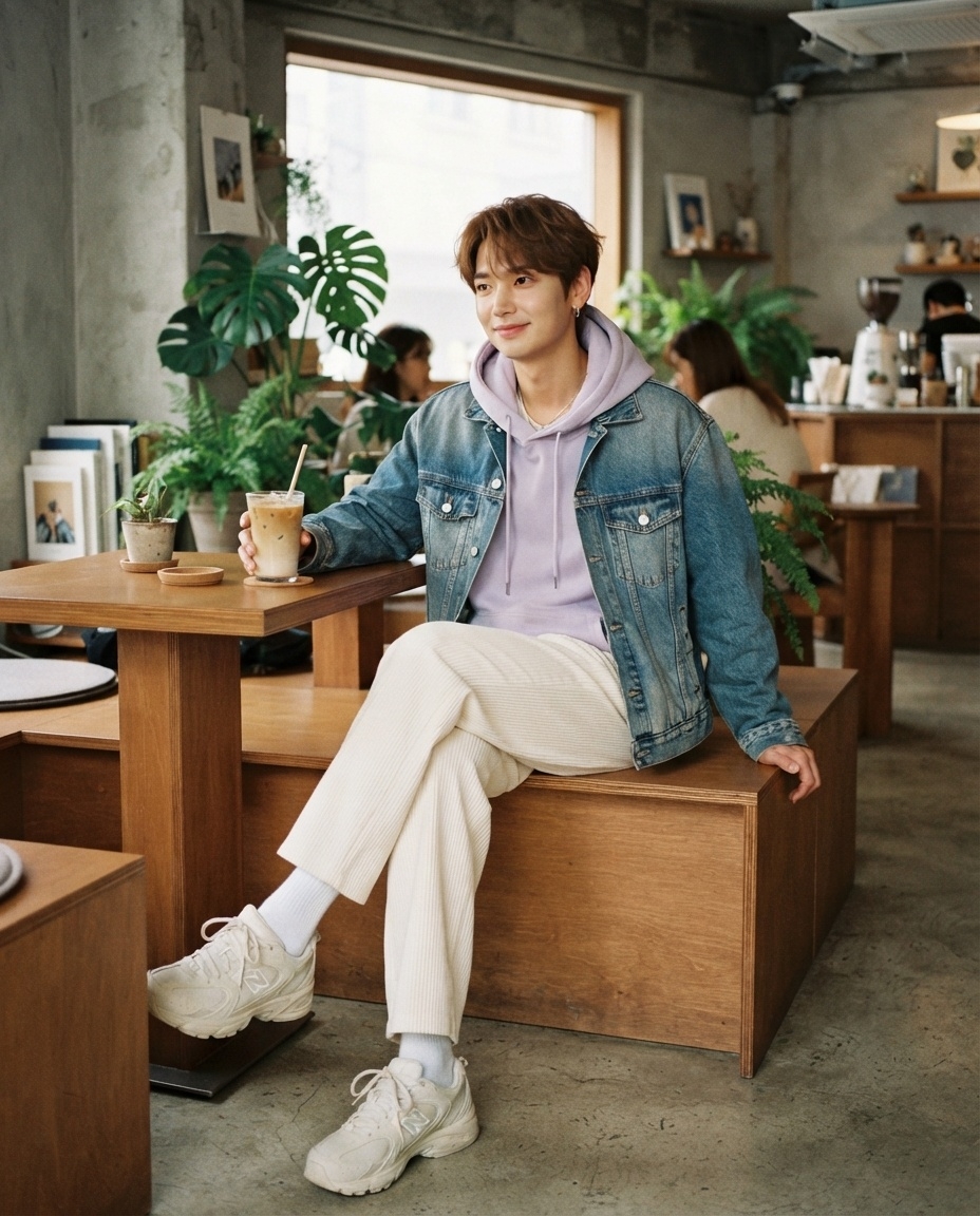 SKIPIKS AI 패션 화보 — casual, chic, streetwear — 라벤더 컬러의 후드 티셔츠와 데님 재킷의 조화가 부드럽고 청량한 느낌을 줍니다. 아이보리 와이드 팬츠와 크림 색상의 운동화로 편안한 캐주얼 무드