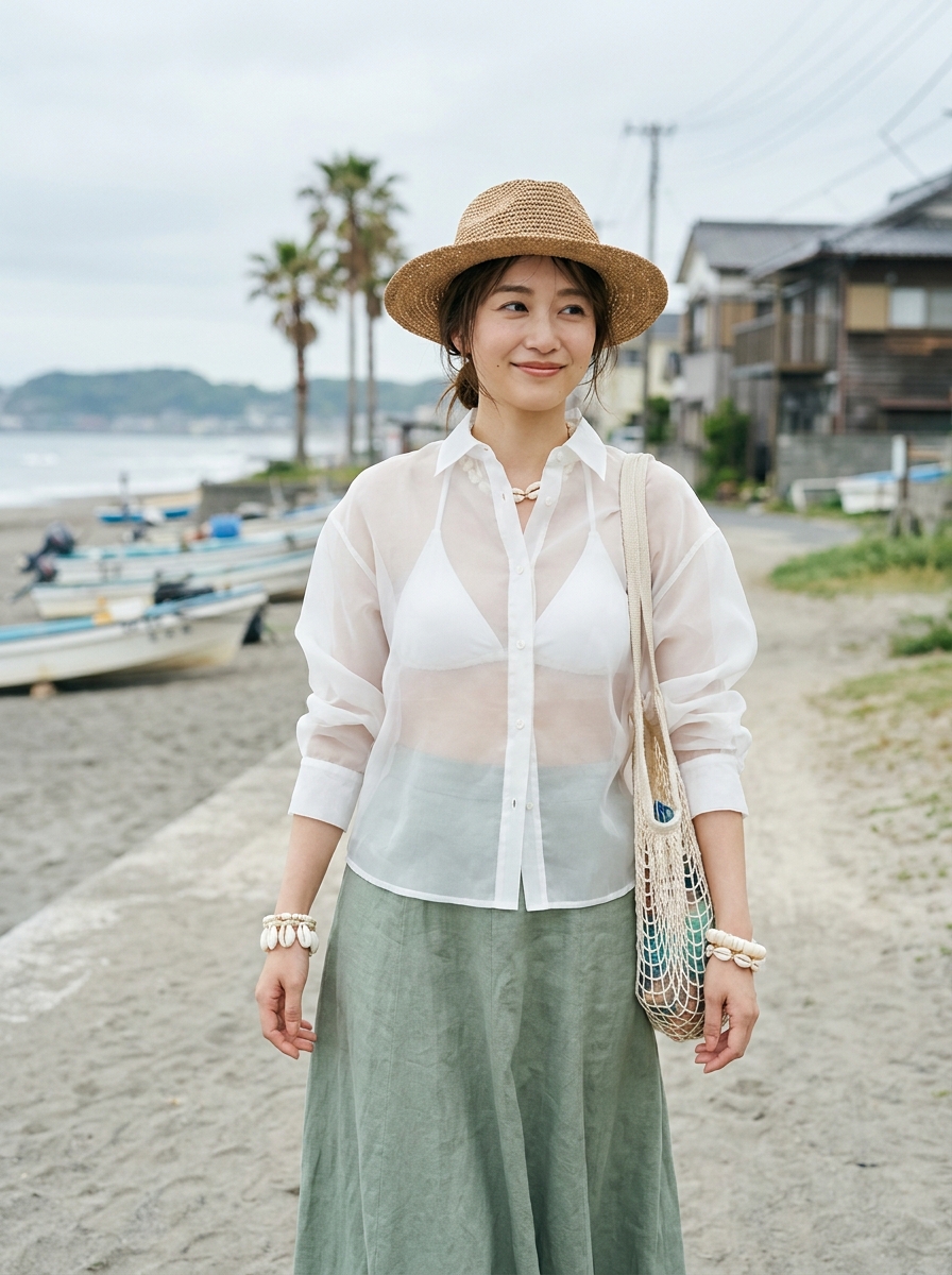 SKIPIKS AIファッション写真 — beachwear, casual, feminine — 화이트 시스루 셔츠와 카키 롱 스커트가 부드러운 비치 스타일을 연출해요. 해초 모자와 네트백으로 여름 바캉스 무드를 더해 보세요. 해변 산책이나