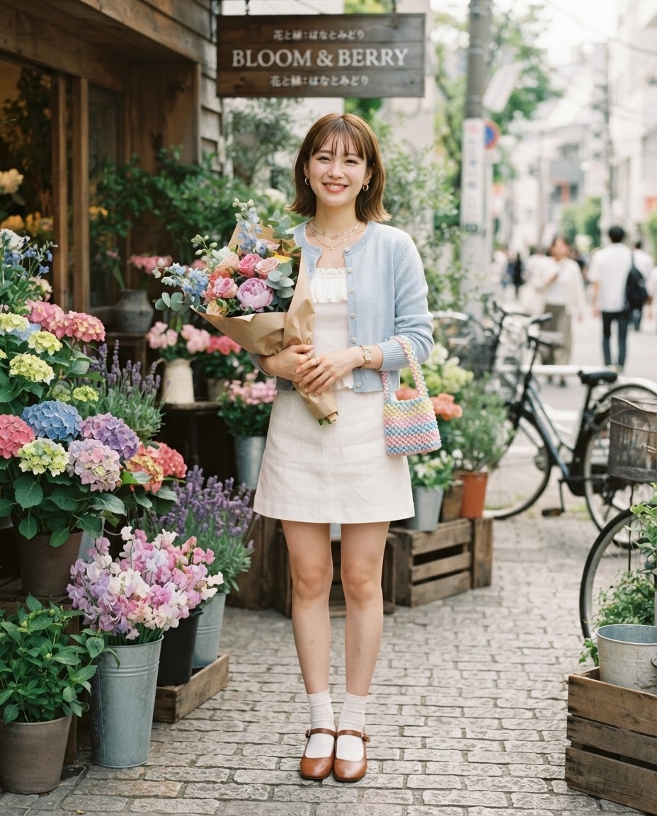 SKIPIKS AI fashion editorial — feminine — 하늘색 카디건과 아이보리 미니 드레스의 조합이 사랑스럽고 화사한 봄의 무드를 완성해줍니다. 다양한 컬러의 크로셰 백과 메리 제인 슈즈로 스타일리