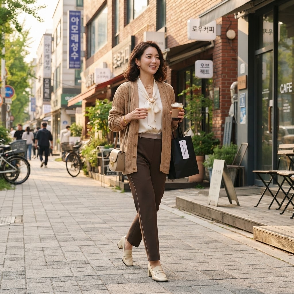 SKIPIKS AI时尚大片 — chic, casual, office — 차분한 브라운 톤과 아이보리 블라우스가 만나 세련된 분위기를 연출해요. 베이지 로퍼와 크로스백을 매치해 깔끔한 포인트를 주는 것이 좋습니다. 데