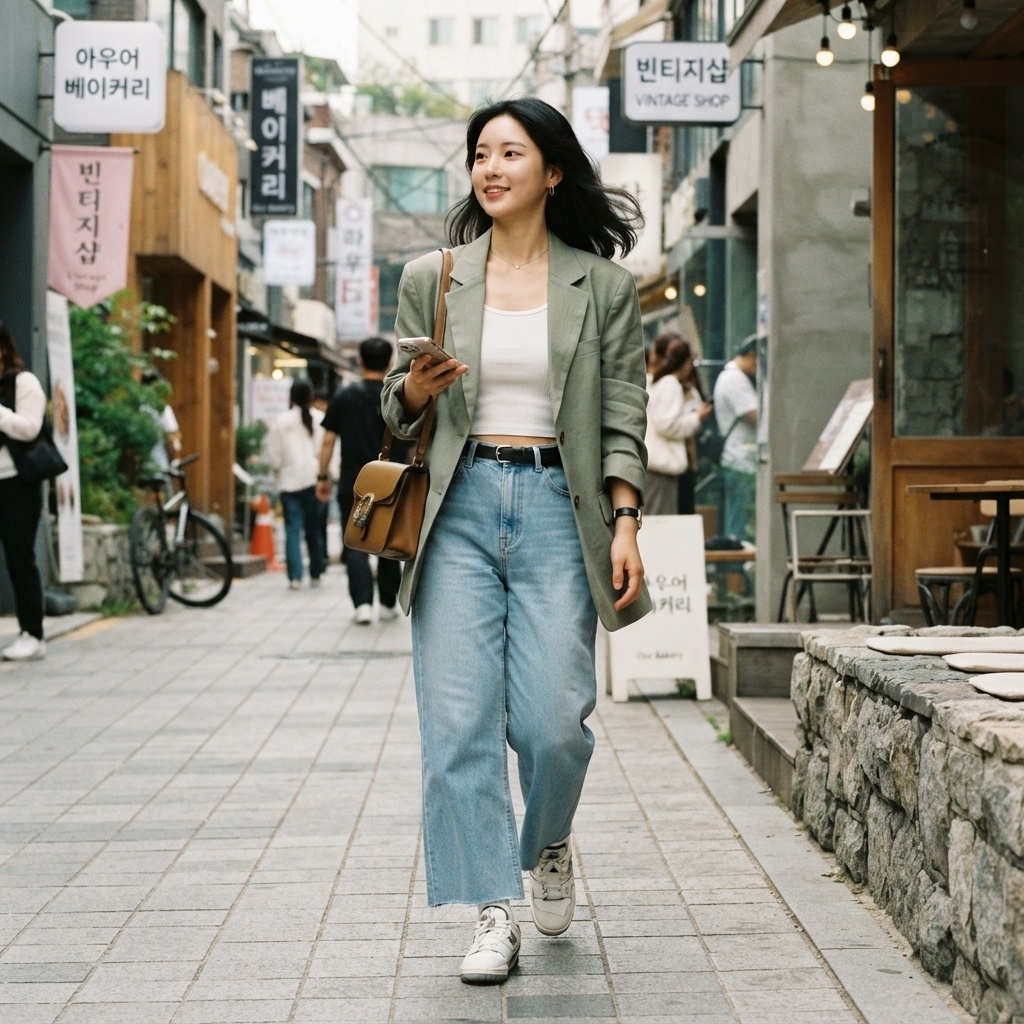 SKIPIKS AI fashion editorial — casual, chic, vintage — 그린 블레이저와 화이트 탱크탑, 연청색 청바지의 조합이 상큼하고 트렌디한 무드를 연출해보세요. 브라운 크로스백으로 포인트를 주고, 흰색 운동화로
