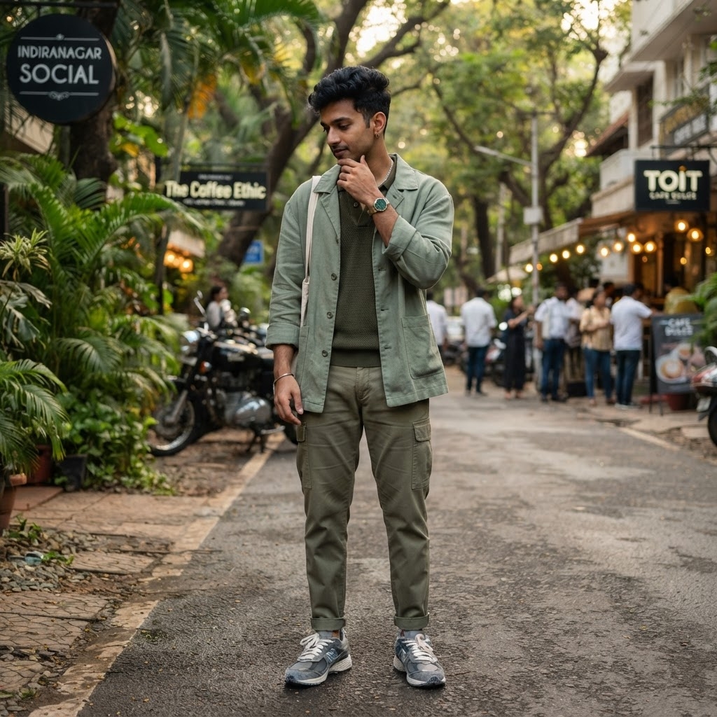 SKIPIKS AI fashion editorial — streetwear, casual — 편안한 카키톤의 레이어링으로 도심 속 자연을 담은 스타일입니다. 카고 팬츠와 셔츠 재킷의 조합이 멋스러움을 더해주며, 스니커즈로 캐주얼한 매력까