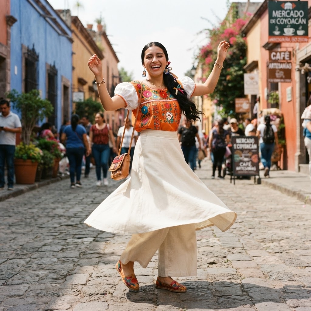 SKIPIKS AIファッション写真 — bohemian, ethnic, feminine — 오렌지 컬러의 자수 블라우스와 크림색 플레어 스커트가 어우러진 스타일리쉬한 룩입니다. 멀티컬러 액세서리와 크로스백으로 전체적인 포인트를 살려보세