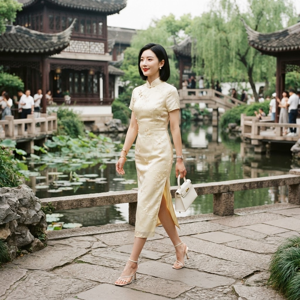 SKIPIKS AI时尚大片 — elegant, traditional — 연노랑 치파오 드레스가 전통적이면서도 우아한 무드를 완성합니다. 흰색 핸드백과 베이지 힐 샌들로 클래식한 조화를 이룰 수 있어요. 여름의 데이트