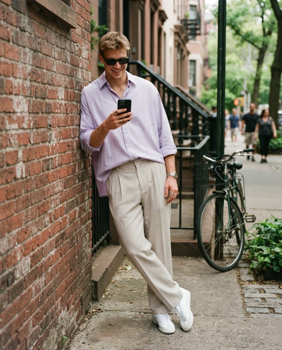 SKIPIKS AIファッション写真 — casual, streetwear — 연보라 색상의 셔츠가 부드럽고 세련된 분위기를 주며, 베이지 바지와 조화를 이루어 편안한 이지룩을 완성합니다. 심플한 운동화와 검정 선글라스로 
