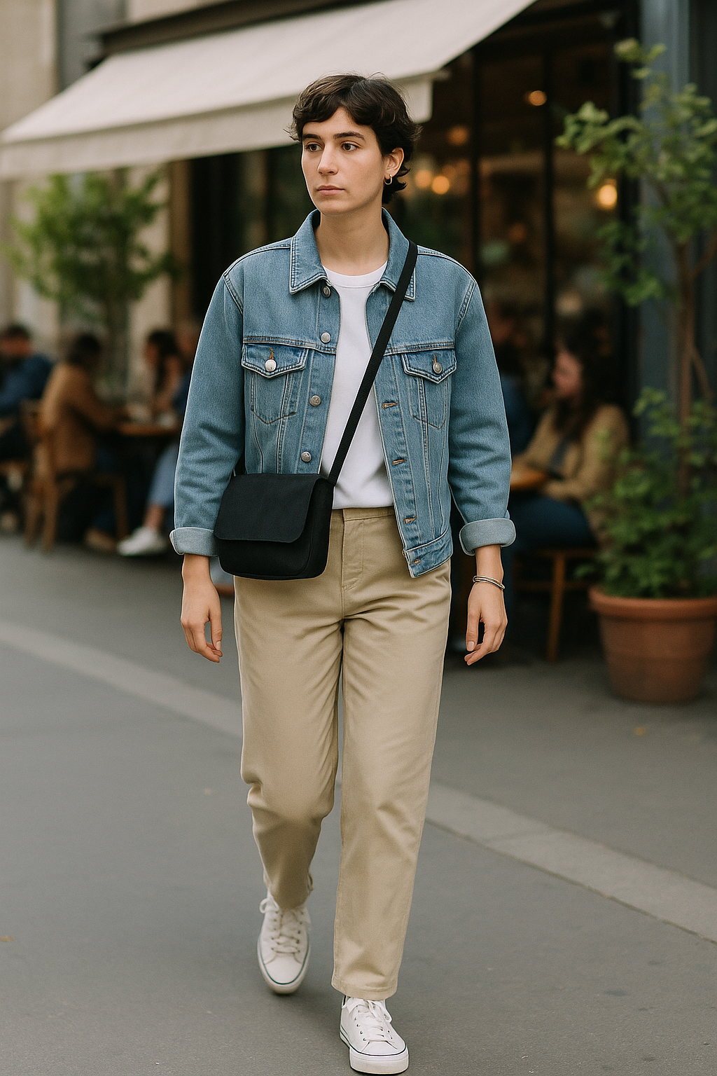 SKIPIKS AI时尚大片 — casual, minimalist — 牛仔夹克的经典魅力凸显，米色裤子则增添了整体的温暖感。推荐搭配运动鞋和斜挎包，既实用又舒适。这是轻松外出或日常穿搭的绝佳选择。