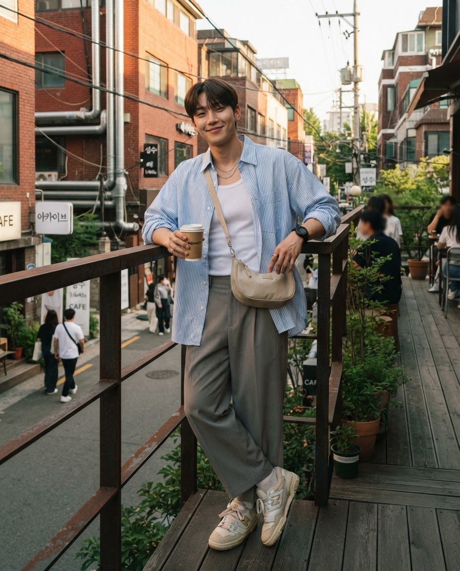 SKIPIKS AI fashion editorial — casual, streetwear — 하늘색 스트라이프 셔츠와 회색 슬랙스 조합이 쿨하고 산뜻한 봄 분위기를 연출해 보세요. 탱크탑과 레이어링하면 캐주얼하면서도 세련된 룩이 완성됩니