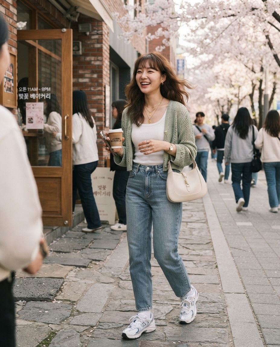 SKIPIKS AI时尚大片 — casual, feminine, streetwear — 그린 니트 가디건과 청바지가 봄의 상쾌함을 잘 표현해주는 아이템이에요. 흰색 탱크탑과 매치해 심플하면서도 세련된 룩을 추천해요. 봄 나들이나 커