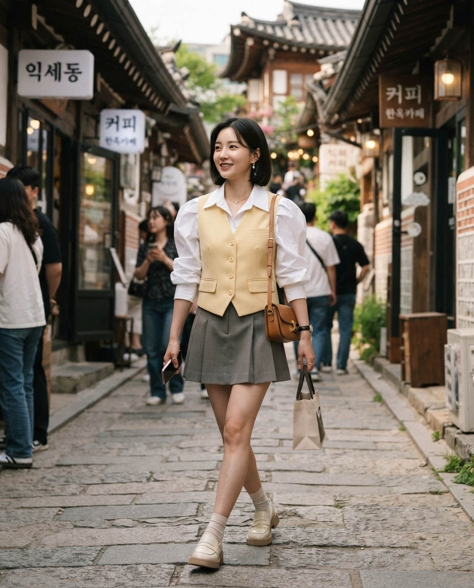 SKIPIKS AI 패션 화보 — preppy, feminine, casual — 노란색 베스트와 플리츠 스커트가 귀엽고 클래식한 분위기를 연출합니다. 블라우스와 매치하여 깔끔한 느낌을 살리고, 크로스백으로 캐주얼함을 더해보세