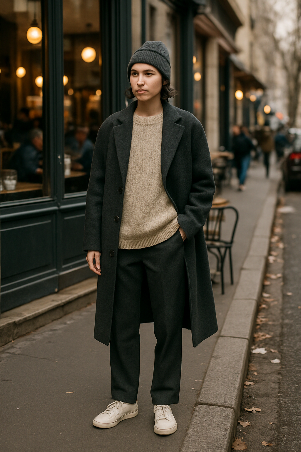 SKIPIKS AIファッション写真 — minimalist, casual, unisex — クリーンなシルエットと中性的なカラーの調和で洗練されたミニマルルックを演出してください。ニットセーターとウールコートの組み合わせで保温性を高め、ホワイトスニーカ