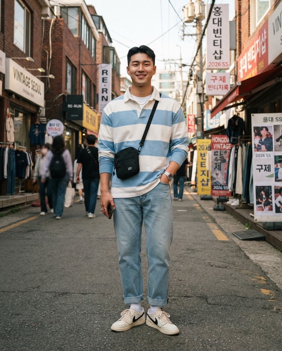 SKIPIKS AI 패션 화보 — casual, streetwear — 스트라이프 패턴의 폴로 셔츠와 청바지가 조화를 이루며 캐주얼한 무드를 자아내요. 블랙 크로스백과 화이트 스니커즈로 스타일의 완성도를 높였어요. 