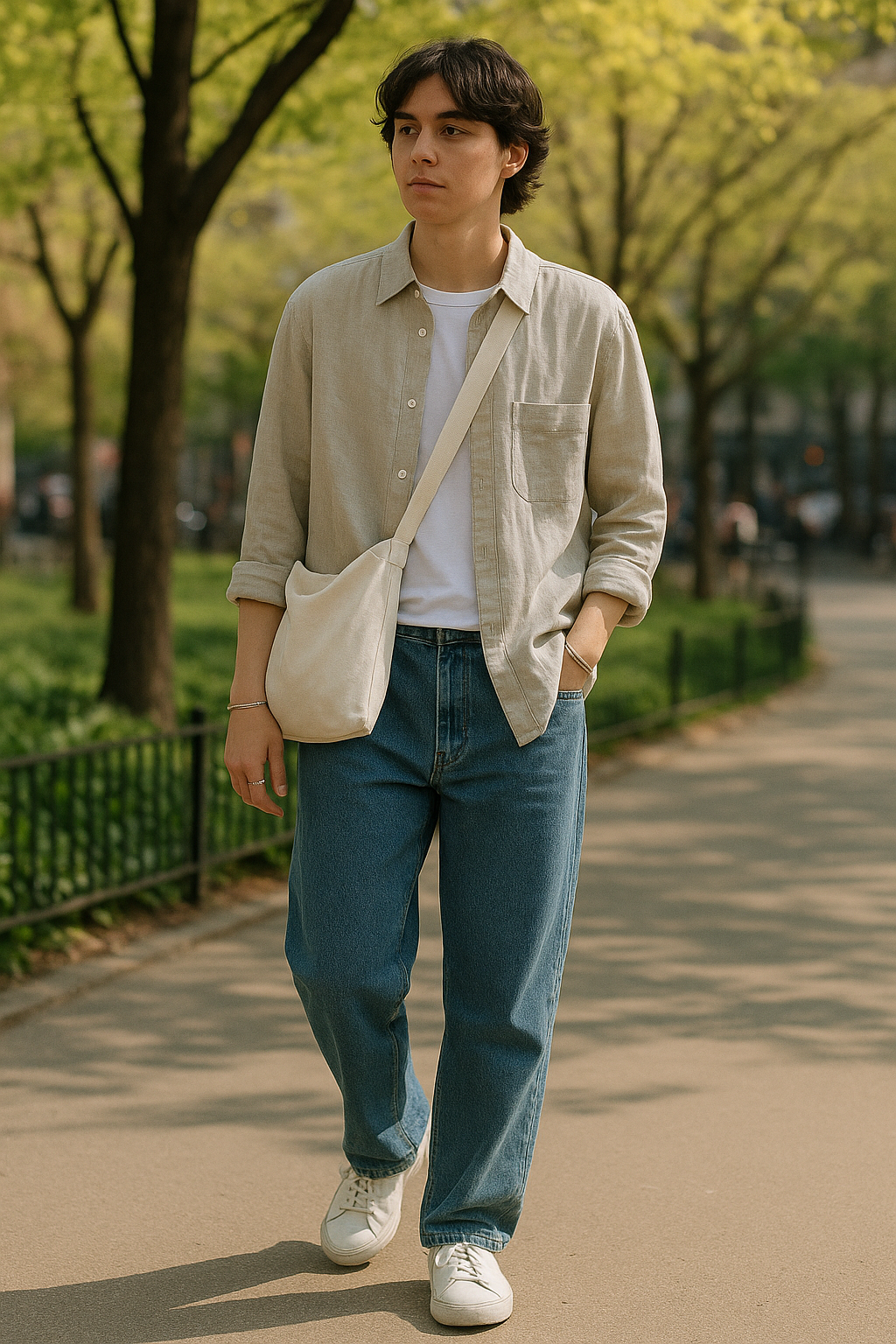 SKIPIKS AI fashion editorial — casual, minimalist — A comfortable beige shirt pairs naturally with a white tee, while the jeans add 