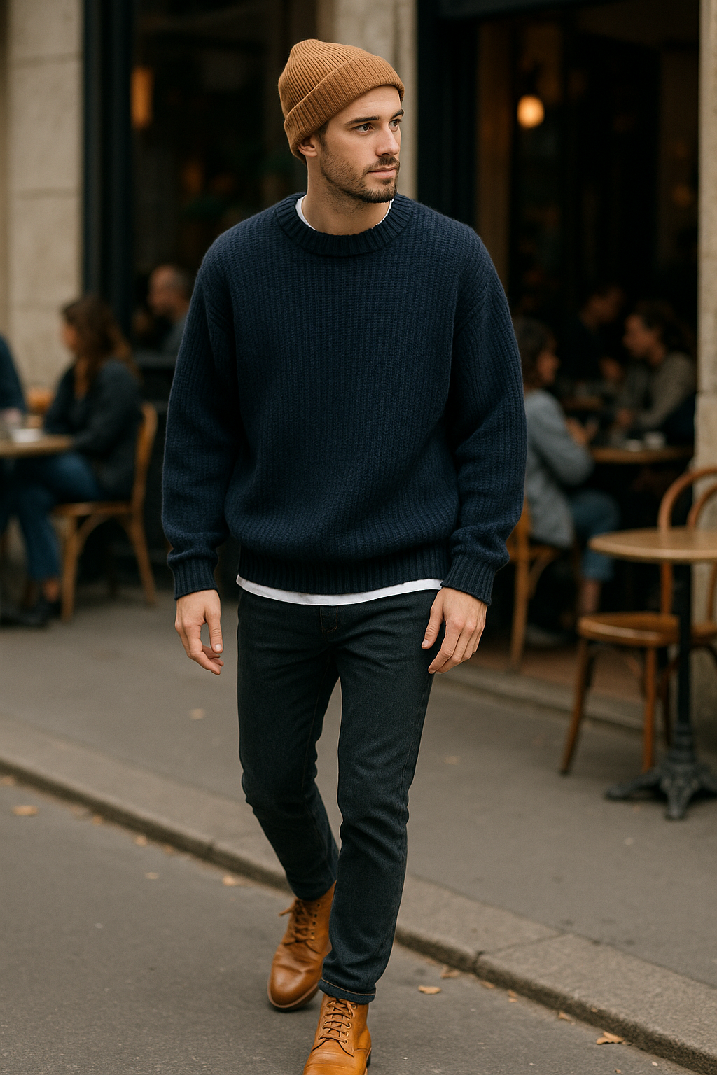 SKIPIKS AIファッション写真 — casual, streetwear — 暖かく柔らかなネイビーのニットセーターが魅力的な秋のムードを演出します。ブラウンのビーニーとブーツでポイントを加えつつ、ブラックジーンズでシンプルさを保ちましょ
