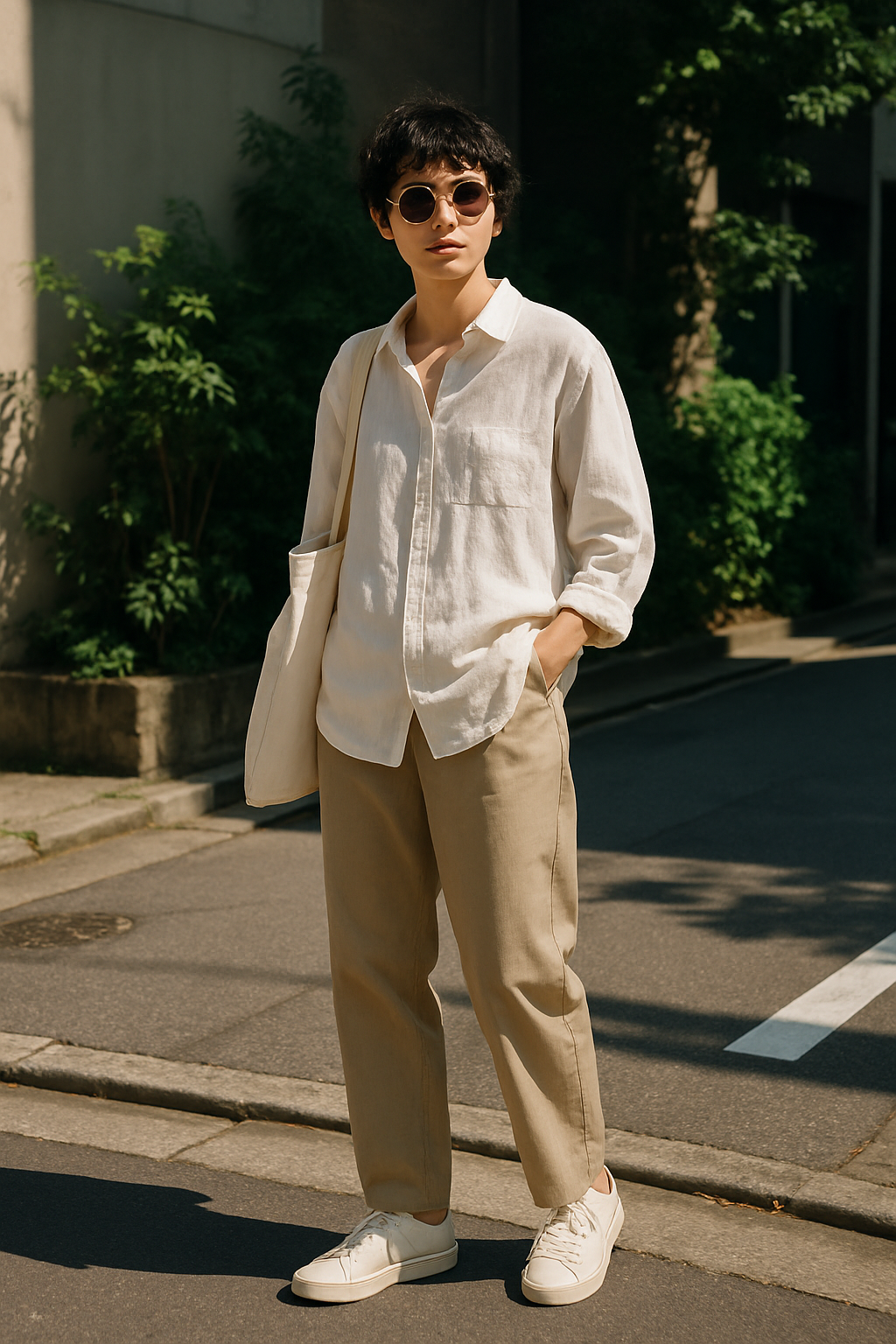 SKIPIKS AI时尚大片 — minimalist, casual — 清爽的亚麻衬衫搭配米色长裤，展现出简约的风格。搭配干净的运动鞋和太阳镜，增添休闲气息。轻便实用的帆布包是日常穿搭的完美选择。