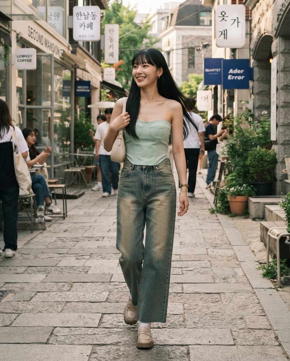 SKIPIKS AI 패션 화보 — feminine, streetwear, casual — 민트색 뷔스티에 탑과 청바지가 시원하고 경쾌한 여름 무드를 완성해요. 로퍼와 아이보리 숄더백을 매치해 캐주얼하면서도 트렌디한 분위기를 연출해보세