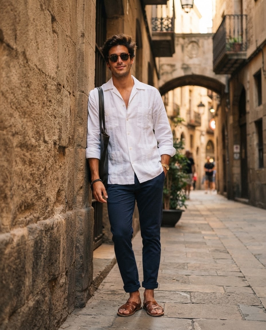 SKIPIKS AIファッション写真 — casual, urban — 화이트 셔츠와 네이비 팬츠의 조합이 시원하면서도 세련된 여름 느낌을 줍니다. 이런 스타일에는 밝은 가죽 샌들이나 슬리퍼로 캐주얼한 매력을 더해보