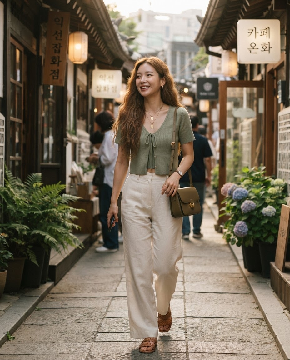 SKIPIKS AI fashion editorial — casual, streetwear, feminine — 연두색 니트 크롭 가디건과 연베이지 와이드 팬츠의 조화가 여름의 산뜻한 느낌을 더해주네요. 편안한 슬라이드 샌들과 함께 매치해 캐주얼하면서도 세