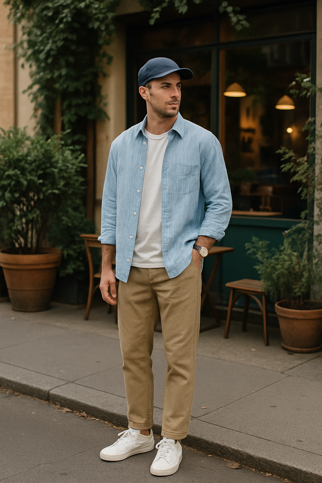 SKIPIKS AI fashion editorial — casual, minimalist — 하늘색 셔츠와 편안한 베이지 바지로 완성된 캐주얼 스타일이 눈길을 사로잡네요. 여기에 흰색 티셔츠와 운동화로 편안함을 더해 보세요. 봄철 데일리