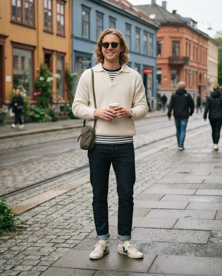 SKIPIKS AIファッション写真 — casual, modern, classic — 크림색 니트 스웨터와 스트라이프 셔츠의 조합이 가을 느낌을 더해주는 모던한 캐주얼룩입니다. 진청색 청바지와 화이트 스니커즈로 시크하면서도 편안한