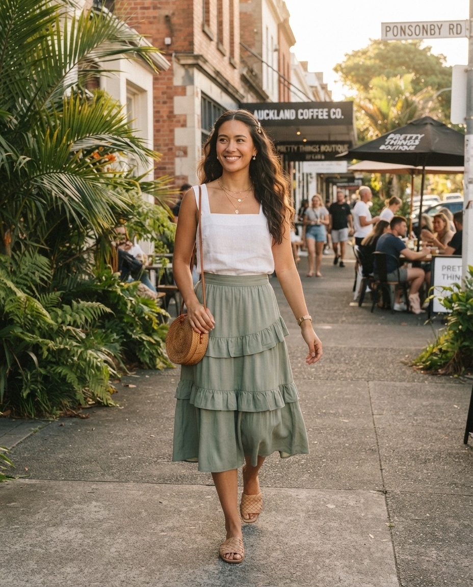 SKIPIKS AIファッション写真 — casual, feminine, chic — このルックは爽やかな夏の雰囲気を醸し出し、シンプルなノースリーブブラウスと柔らかいフレアスカートの組み合わせで女性らしさを強調しています。ラタンバッグを加えて自