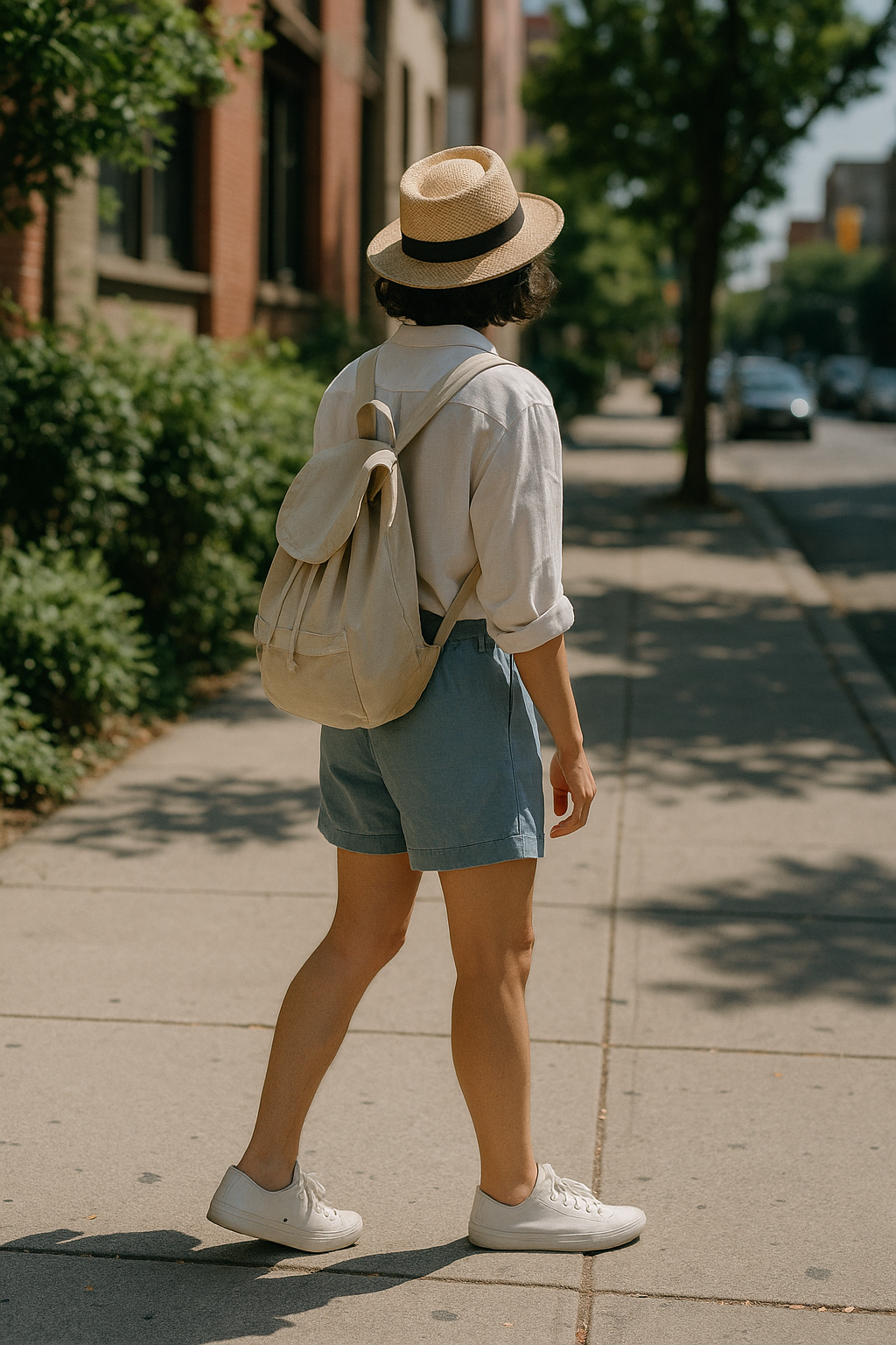 SKIPIKS AI 패션 화보 — casual, summer — 심플하고 쾌적한 여름 캐주얼룩이 완성됩니다. 베이지 셔츠와 블루 쇼츠의 조화가 산뜻하며, 화이트 스니커즈로 시원한 느낌을 더해보세요. 여름 나들