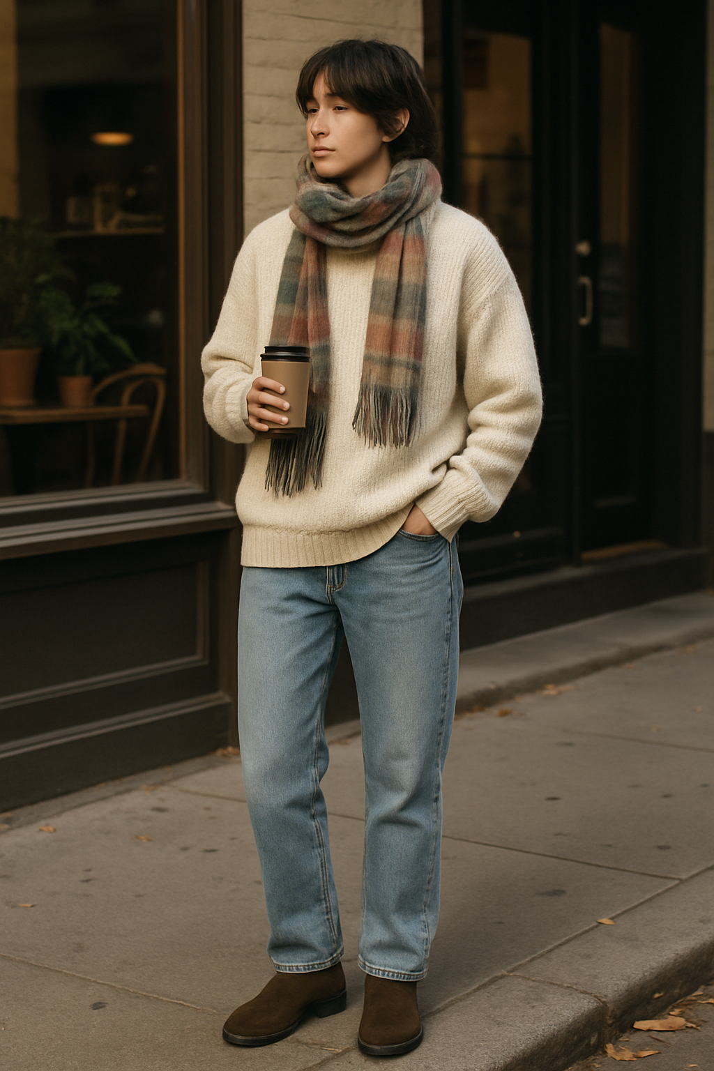 SKIPIKS AI fashion editorial — casual, cozy — The warm and cozy ivory knit sweater and scarf, paired with brown Chelsea boots,