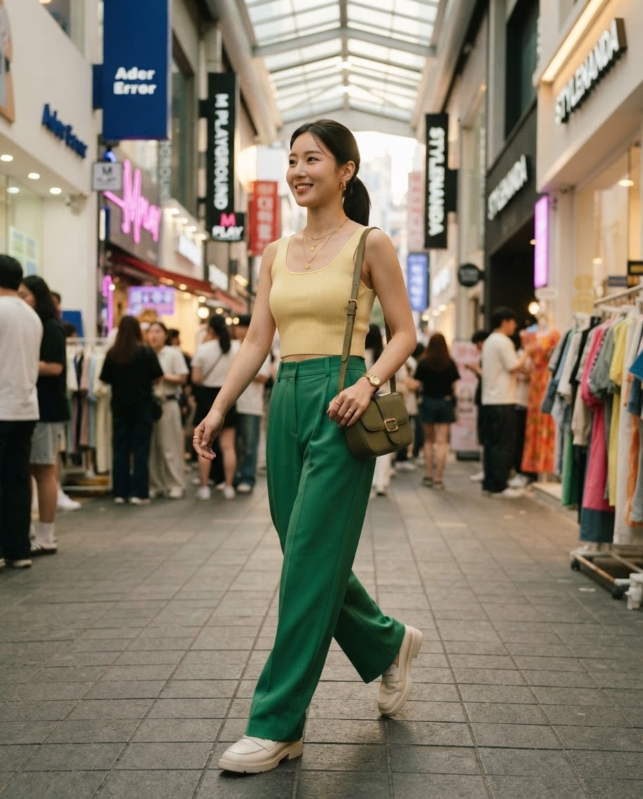 SKIPIKS AI fashion editorial — modern, chic — 노란색 니트와 초록색 팬츠의 조합이 활기찬 여름 분위기를 선사해요. 크로스백과 플랫폼 로퍼를 매치해 심플하면서도 모던한 스타일을 완성해보세요. 
