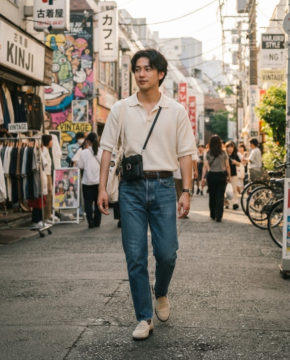 SKIPIKS AI 패션 화보 — casual, streetwear — 깔끔한 실루엣과 소프트한 컬러감이 매력적인 캐주얼 무드의 스타일입니다. 아이보리 컬러의 카라 티셔츠에 클래식한 청바지를 매치하여 자연스러운 데일