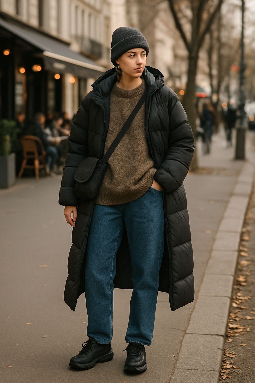 SKIPIKS AIファッション写真 — casual, streetwear — 暖かいロングパディングコートとカジュアルなセーターを組み合わせて、冬のスタイリッシュなストリートルックを完成させましょう。ロングパディングの下に明るい色のセータ
