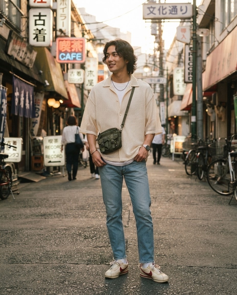 SKIPIKS AIファッション写真 — casual, streetwear — 편안한 베이지 컬러의 니트 셔츠가 캐주얼하면서도 세련된 무드를 연출해보세요. 여기에 청바지를 매치해 심플하게 코디하면 멋스럽게 완성됩니다. 데일