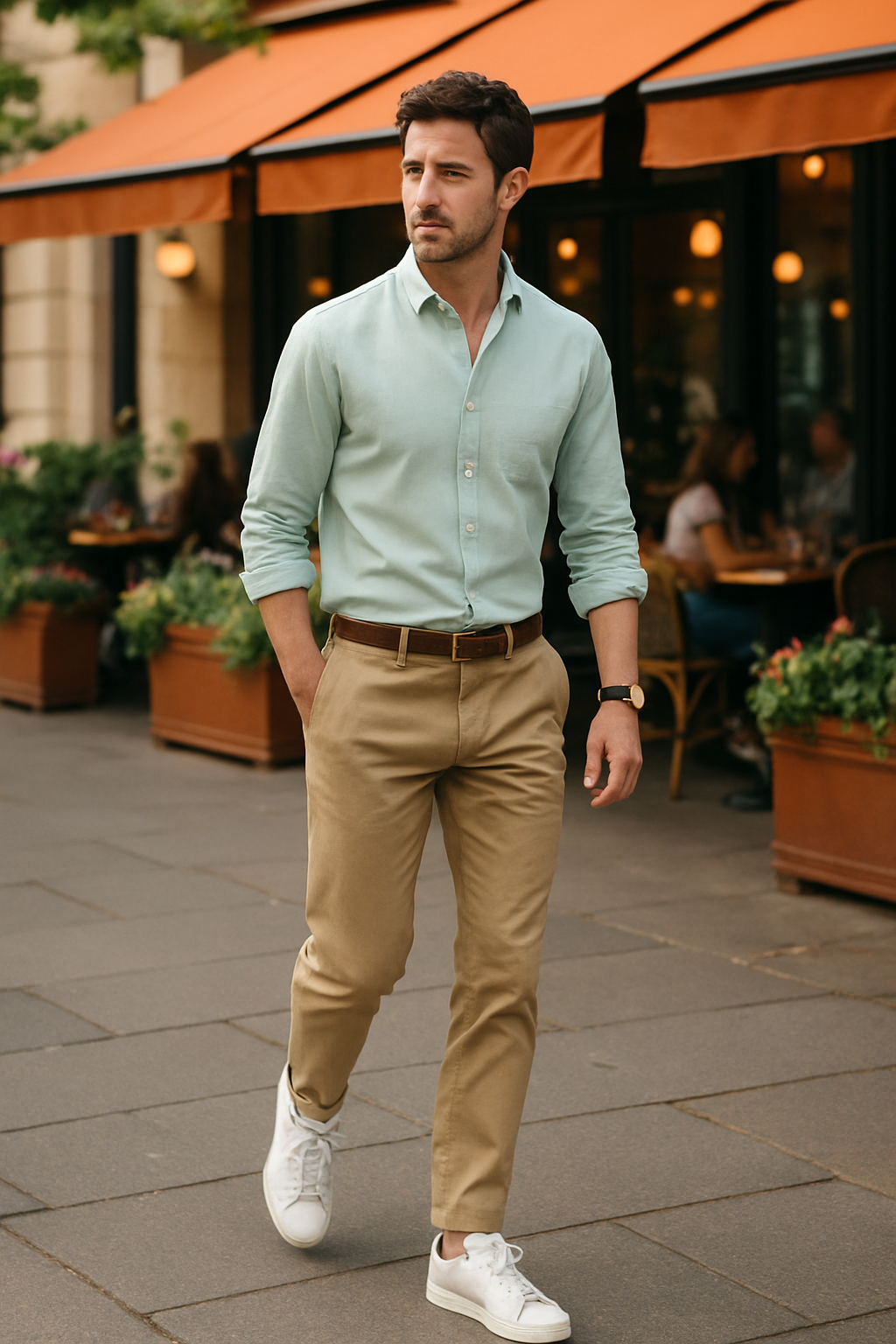 SKIPIKS AIファッション写真 — casual, minimalist — 민트색 셔츠와 베이지 바지의 조합이 상쾌한 느낌을 주는 룩입니다. 화이트 스니커즈로 경쾌한 마무리를 하고 브라운 액세서리로 무게감을 더했어요. 
