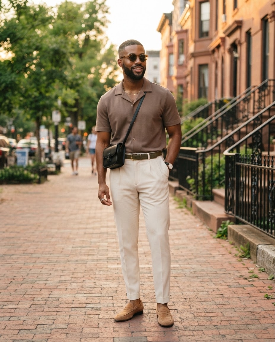SKIPIKS AIファッション写真 — minimalist, casual, preppy — 브라운 반소매 셔츠와 베이지 슬랙스로 여름의 감각적 미니멀룩을 완성했어요. 로퍼와 크로스백으로 스타일리시한 무드를 더해보세요. 데일리부터 데이트