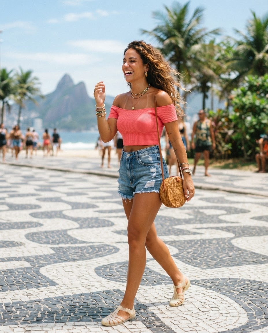 SKIPIKS AI 패션 화보 — beachwear, casual, boho — 코랄 색상의 오프숄더 톱과 데님 숏팬츠로 경쾌하고 청량한 무드를 연출했어요. 여기에 라탄 크로스백과 스트랩 샌들로 휴양지 분위기를 한층 살려보세